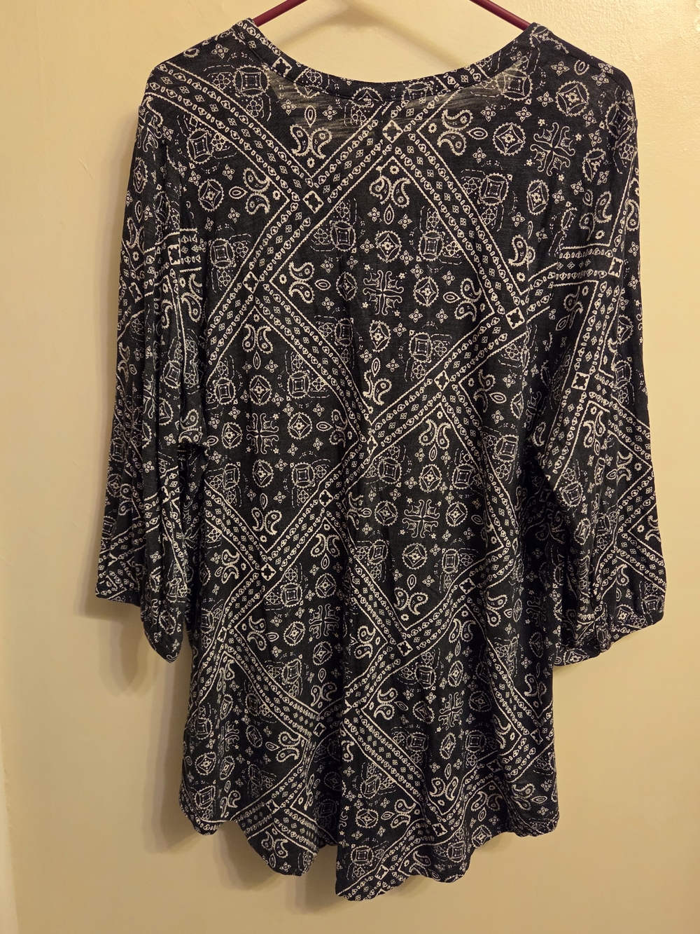 Black Cream Paisley Bandana Print Boho Western Split Neck Tunic 2X Cotton Modal - Picture 3 of 7